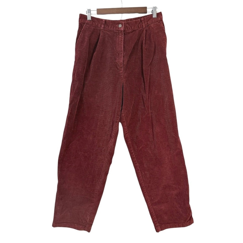 LL Bean Womens Corduroy Mom Pants 10 Burgundy Pleated High Rise Tapered Fall Vtg - Picture 2 of 9